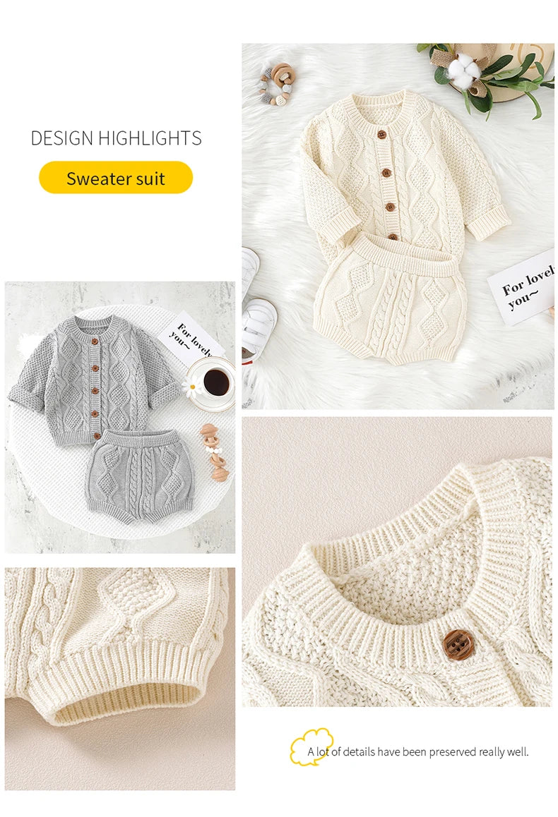 Ensemble Tricot Bébé 2 Pièces — Cardigan Coton Manches Longues & Pantalon, Unisexe 0-18 Mois