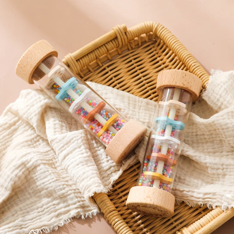 Bâton de Pluie Bébé Bois Montessori – Hochet Sensoriel Arc-en-Ciel Coloré Éveil 0-3 Ans