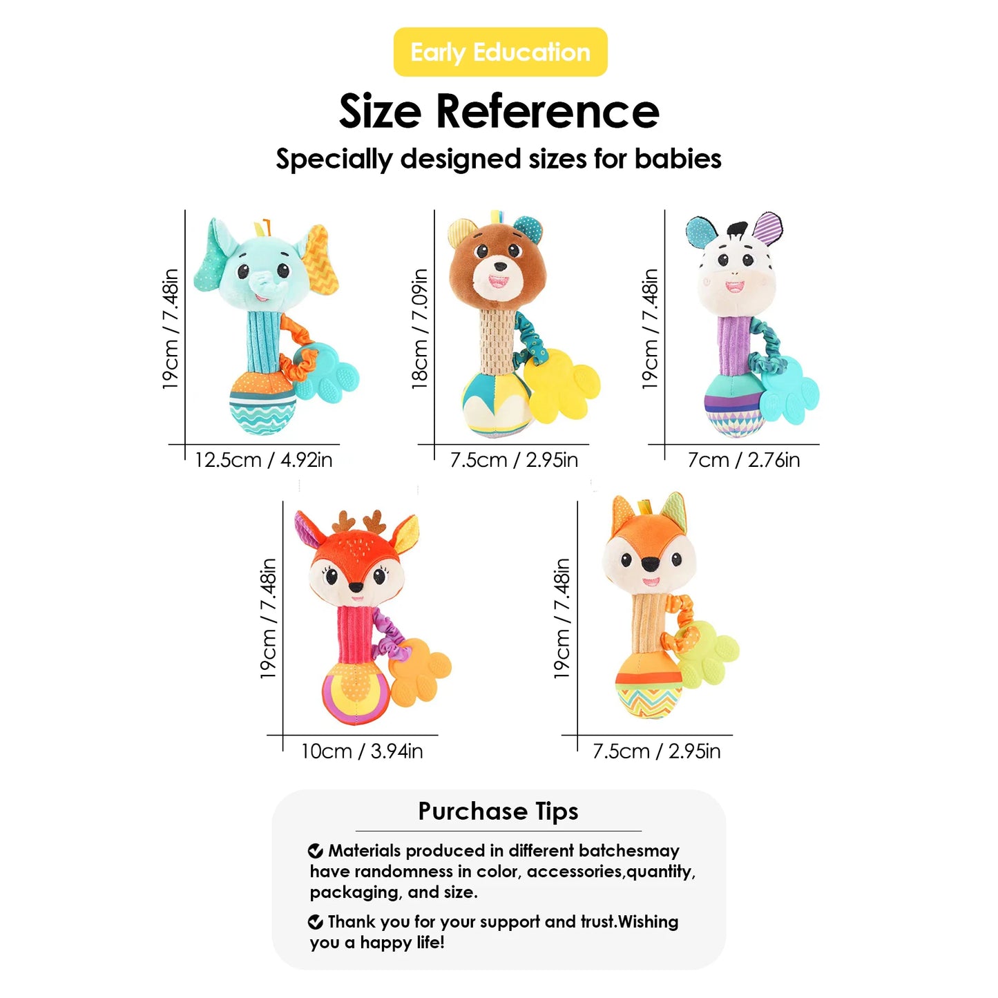 Hochet Bébé Peluche Animal Doux – Doudou Sensoriel Froissé Grinçant Naissance 0-12 Mois