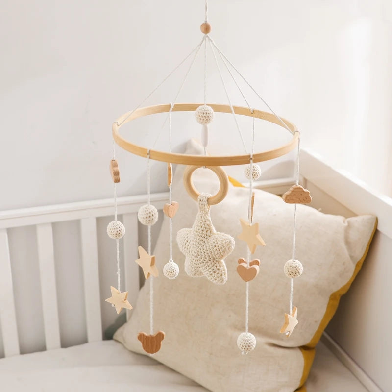 Mobile Hochet Bois & Crochet Bébé – Cloche Lit Étoiles & Pendentifs | Support Nuage | 27 Modèles