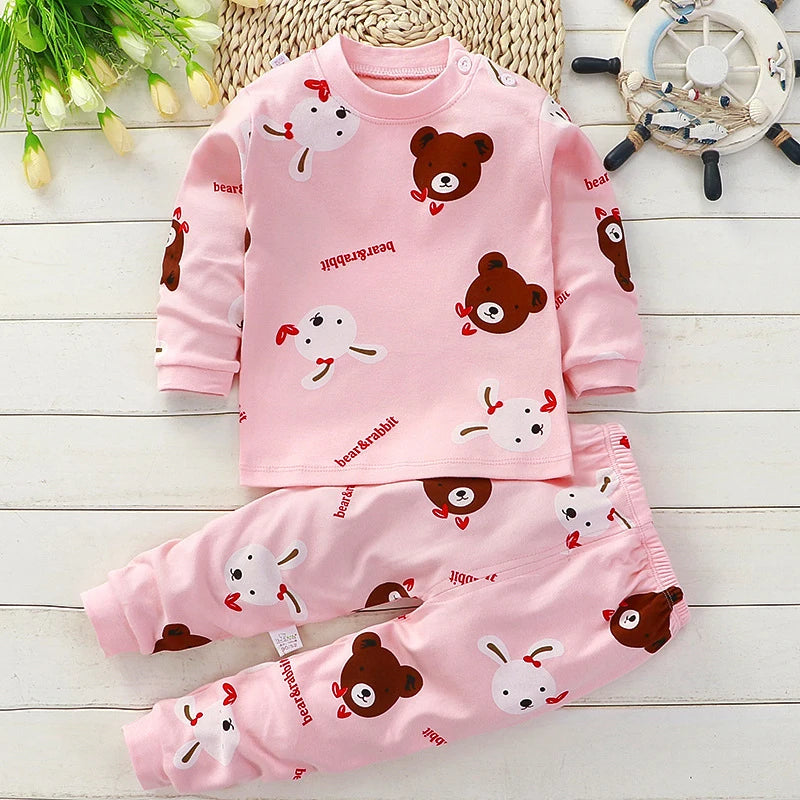 Kids 2-Piece Cotton Pajamas — Cartoon Top & Pants, Unisex Fall Winter 9M-7 Years