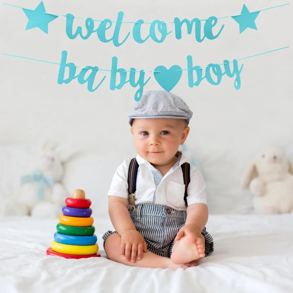 1 Set of Welcome Baby Boy One-year-old Glitter Letter Conjoined Flag Baby Gender Reveal Party Decoration Gift