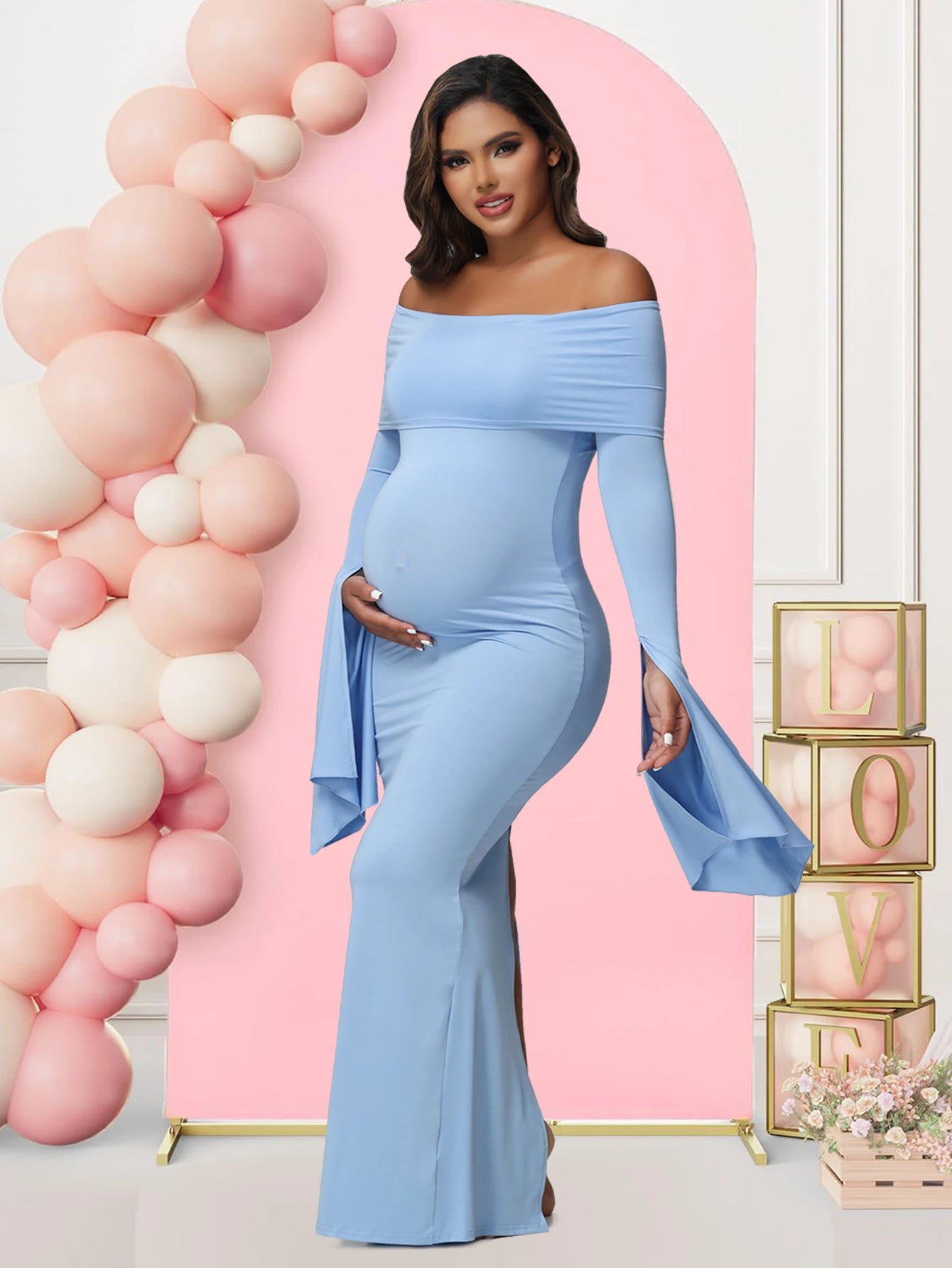 Robe Maternité Séance Photo — Épaules Dénudées, Manches Longues, Bodycon Grossesse