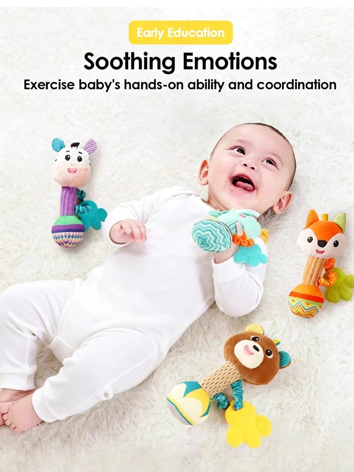 Hochet Bébé Peluche Animal Doux – Doudou Sensoriel Froissé Grinçant Naissance 0-12 Mois