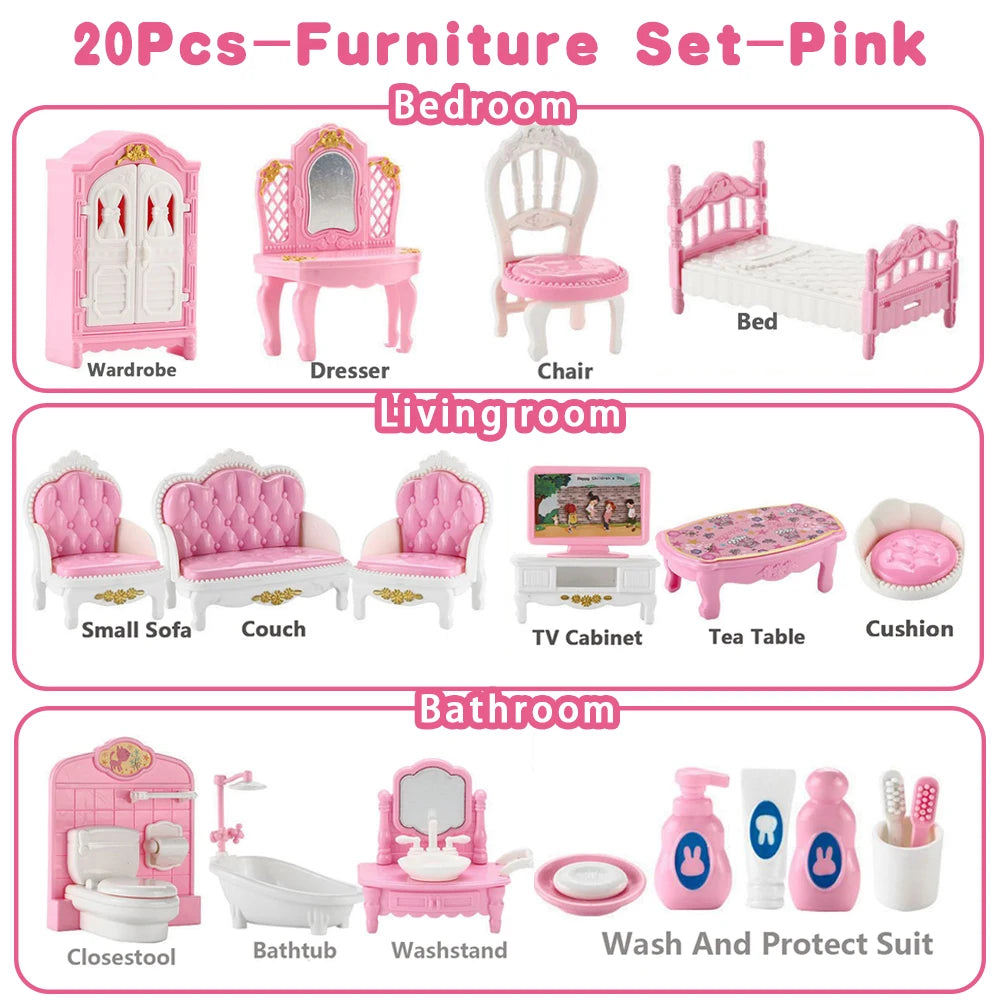 Mobilier Miniature 1:12 Maison de Poupée – Cuisine, Lit Superposé, Bus Rose & Accessoires Fille