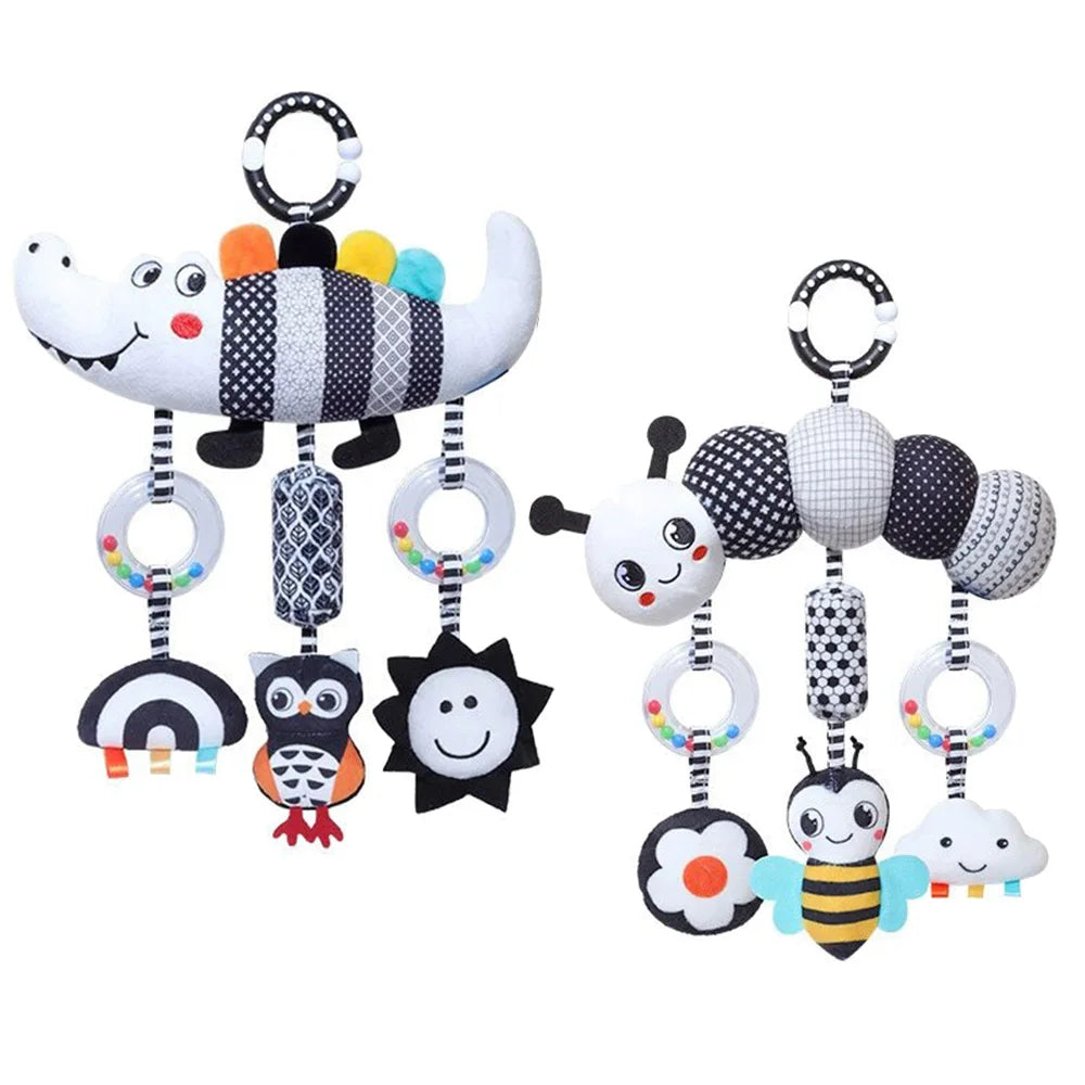 Hochet Suspendu Bébé Peluche Animal Noir & Blanc – Poussette Siège Auto Lit Éveil Nouveau-Né 0-36 Mois