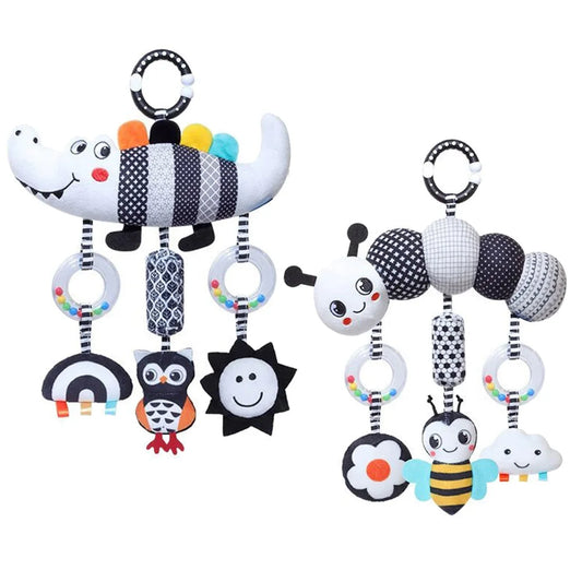 Hochet Suspendu Bébé Peluche Animal Noir & Blanc – Poussette Siège Auto Lit Éveil Nouveau-Né 0-36 Mois