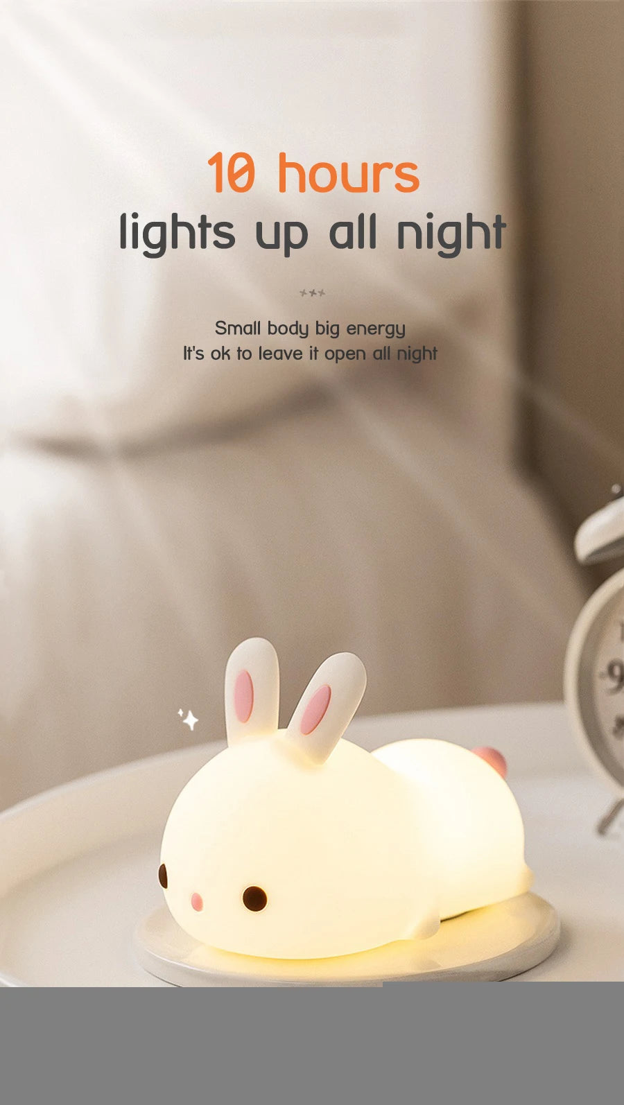 Veilleuse lapin bébé RGB — Silicone Tactile 16 Couleurs Rechargeable USB | Chambre Bébé & Enfant