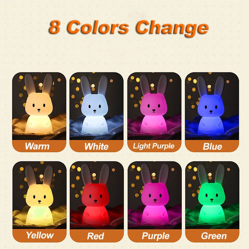 Veilleuse lapin silicone 7 couleurs — LED Rechargeable USB-C Minuterie 3h | Cadeau Naissance Chambre Fille