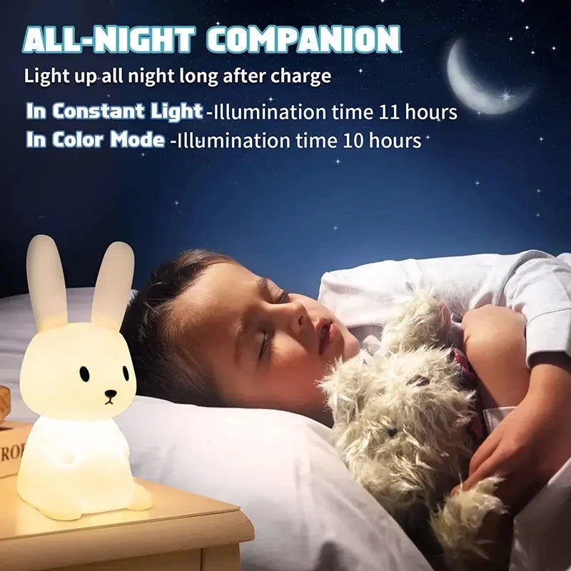 Veilleuse lapin silicone 7 couleurs — LED Rechargeable USB-C Minuterie 3h | Cadeau Naissance Chambre Fille