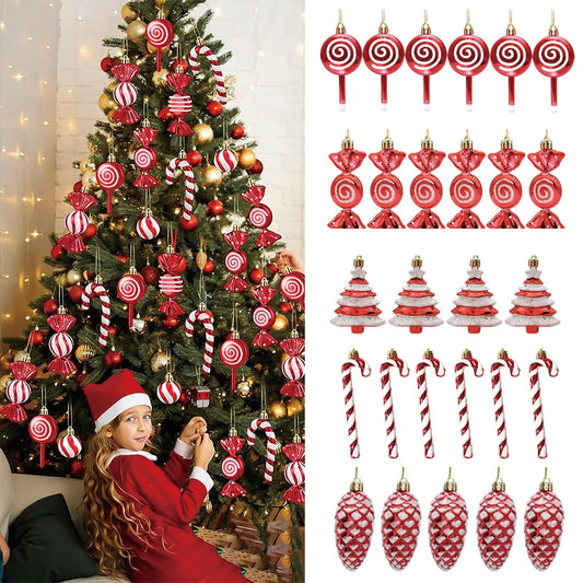 Canne de Bonbon & Pomme de Pin Rouge Or – Décoration Sapin Noël 2025 Tendance, Ornement Suspendu