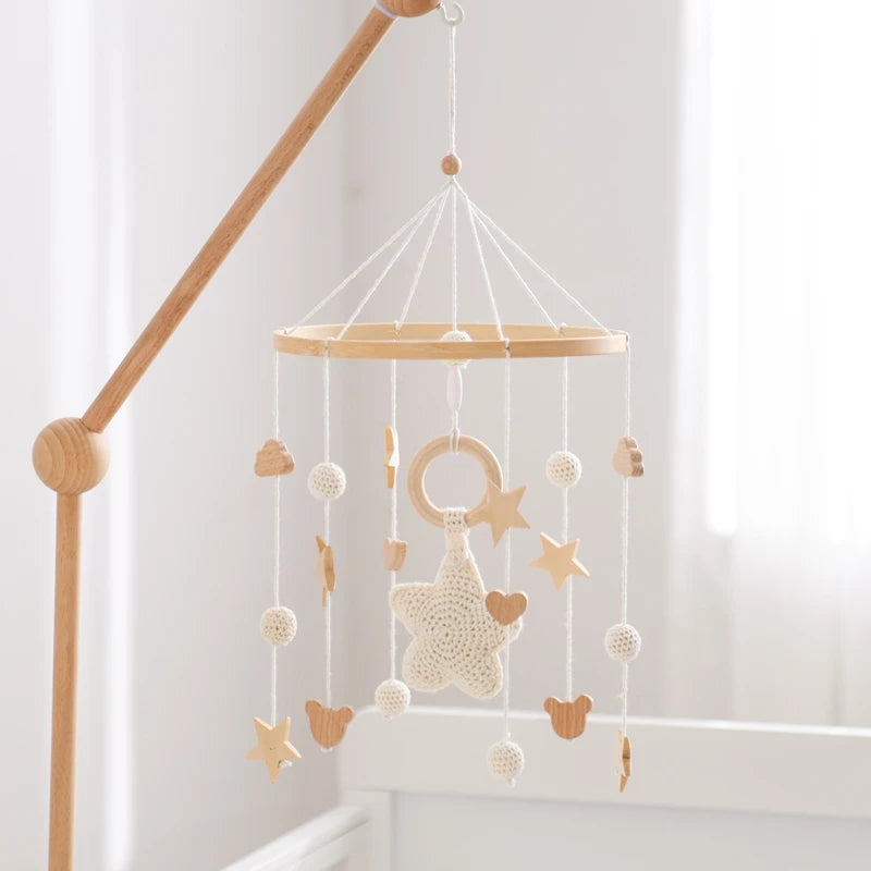 Mobile Hochet Bois & Crochet Bébé – Cloche Lit Étoiles & Pendentifs | Support Nuage | 27 Modèles