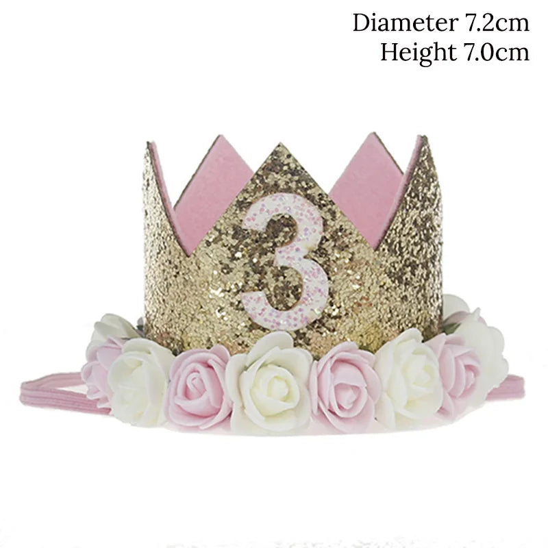Couronne Anniversaire Bébé Fille 1 2 3 Ans – Chapeau Fleurs Rose Blanc Sequins Accessoire Photo