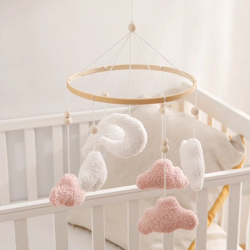 Mobile Lit Bébé Musical et Lumineux – Bois Naturel, Hochet Feutre Doux & Boîte à Musique Nouveau-Né