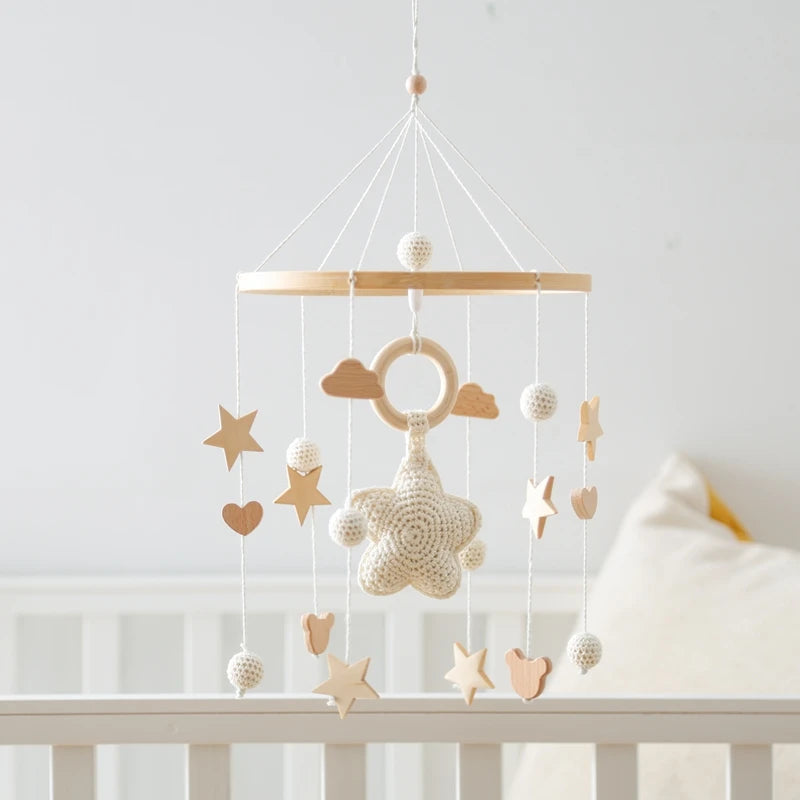 Mobile Hochet Bois & Crochet Bébé – Cloche Lit Étoiles & Pendentifs | Support Nuage | 27 Modèles