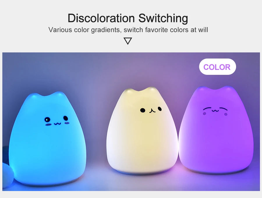 Veilleuse chat silicone kawaii — LED Tactile 7 Couleurs Rechargeable | Lampe Nuit Chambre Bébé Enfant