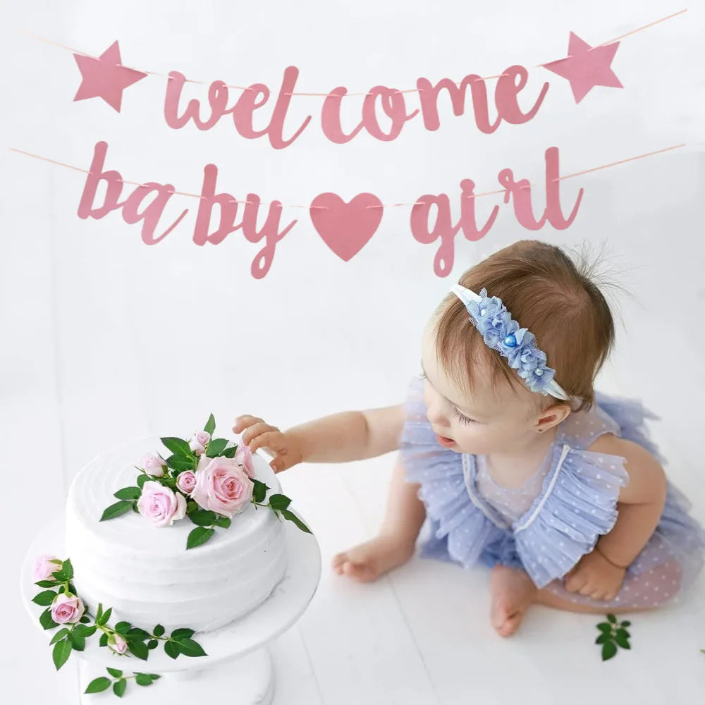 1 Set of Welcome Baby Boy One-year-old Glitter Letter Conjoined Flag Baby Gender Reveal Party Decoration Gift