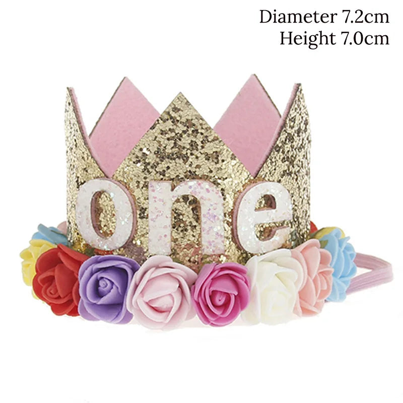 Couronne Anniversaire Bébé Fille 1 2 3 Ans – Chapeau Fleurs Rose Blanc Sequins Accessoire Photo