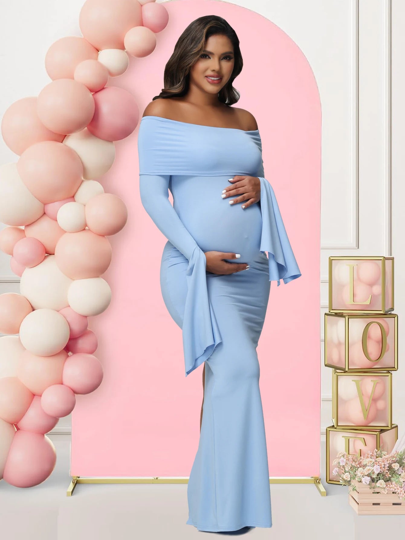 Robe Maternité Séance Photo — Épaules Dénudées, Manches Longues, Bodycon Grossesse