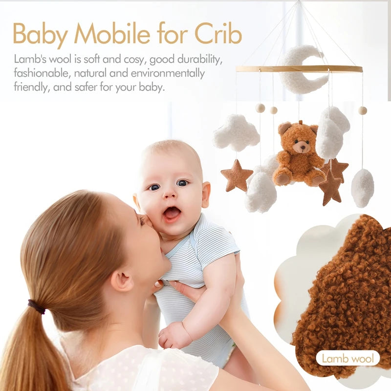 Mobile Lit Bébé Musical et Lumineux – Bois Naturel, Hochet Feutre Doux & Boîte à Musique Nouveau-Né