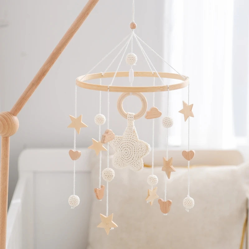 Mobile Hochet Bois & Crochet Bébé – Cloche Lit Étoiles & Pendentifs | Support Nuage | 27 Modèles
