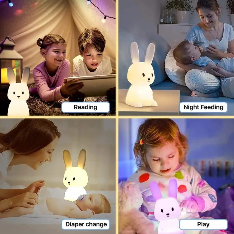 Veilleuse lapin silicone 7 couleurs — LED Rechargeable USB-C Minuterie 3h | Cadeau Naissance Chambre Fille