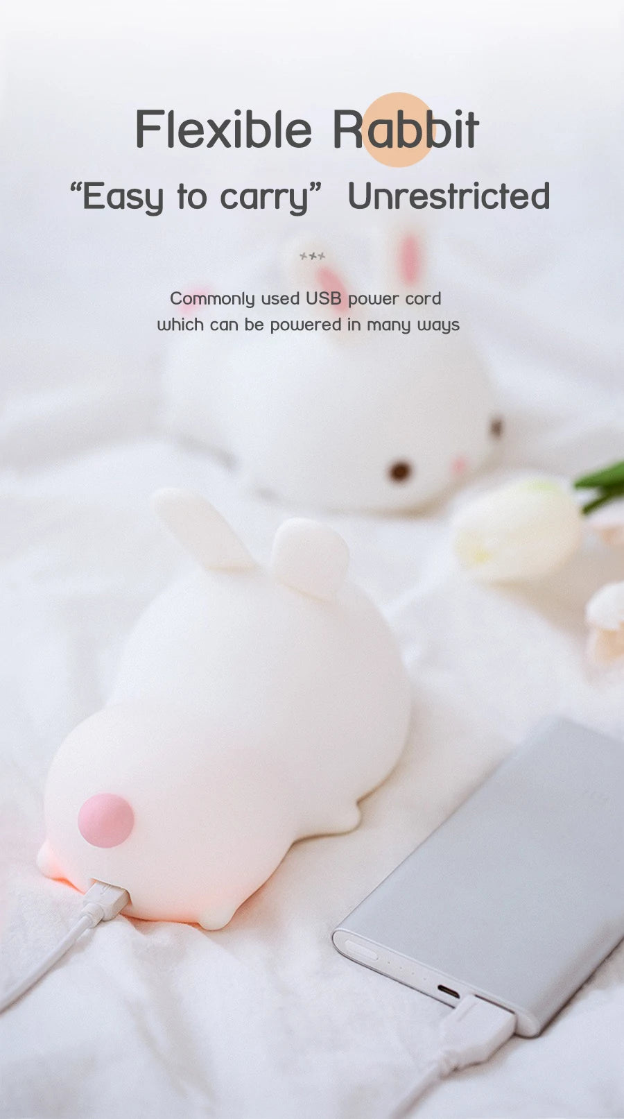 Veilleuse lapin bébé RGB — Silicone Tactile 16 Couleurs Rechargeable USB | Chambre Bébé & Enfant