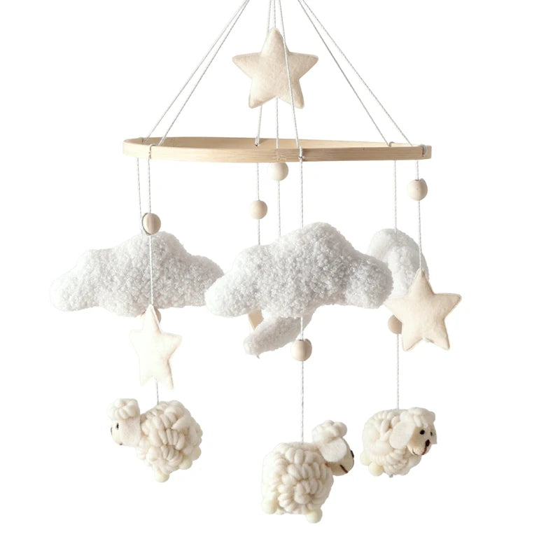 Mobile Lit Bébé Musical et Lumineux – Bois Naturel, Hochet Feutre Doux & Boîte à Musique Nouveau-Né