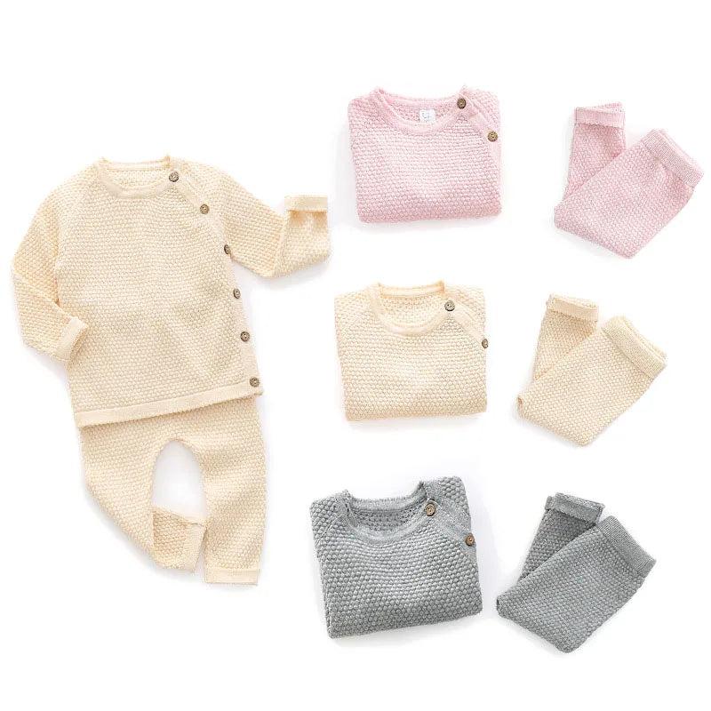 Ensemble Tricot Bébé Pyjama 2 Pièces — Pull Coton Boutonné & Pantalon, Unisexe 0-3M à 2-3 Ans