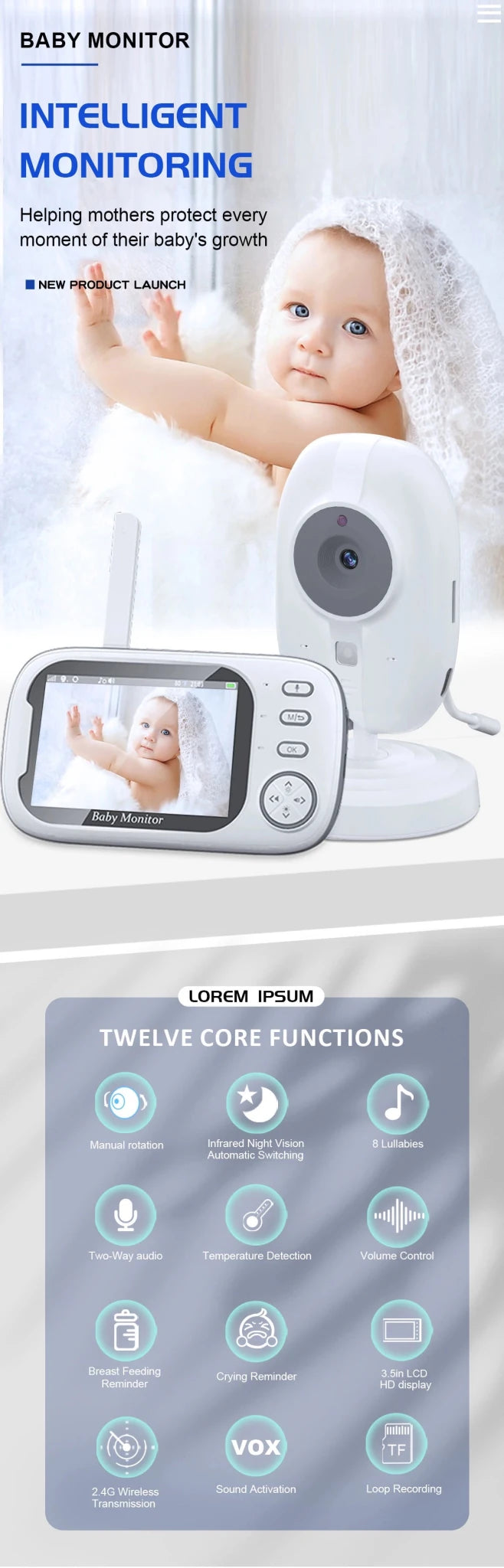 Babyphone Vidéo 3,5 Pouces – Vision Nocturne, Capteur Température, Audio Bidirectionnel 2,4G | Compact & Essentiel