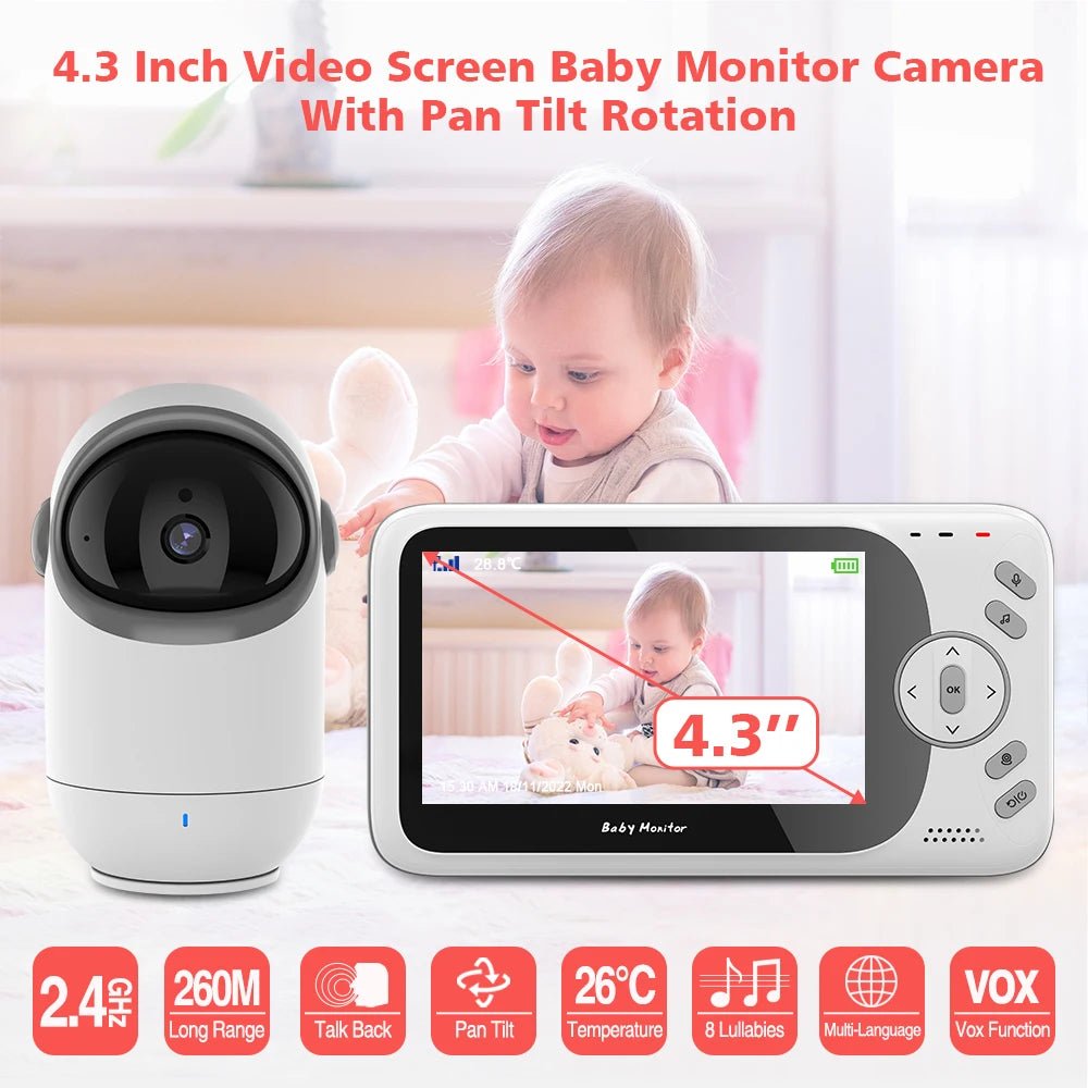 Babyphone Vidéo 4,3 Pouces Pan Tilt – Vision Nocturne, Audio Bidirectionnel 2,4G Sans Fil | VB801