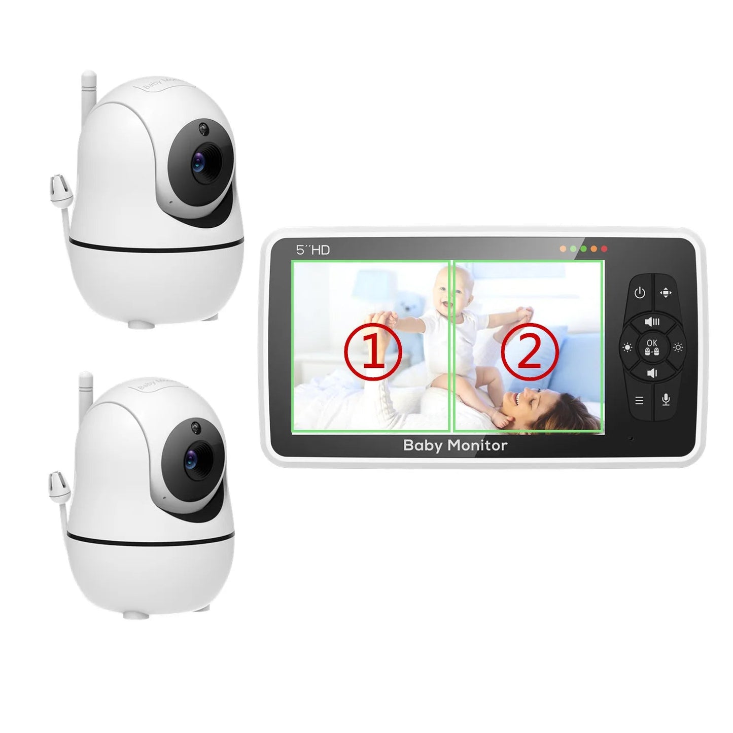 Babyphone Vidéo 5 Pouces 2 Caméras – Zoom 4x, Portée 300m, Capteur Température & Berceuses | EU/UK/US/AU
