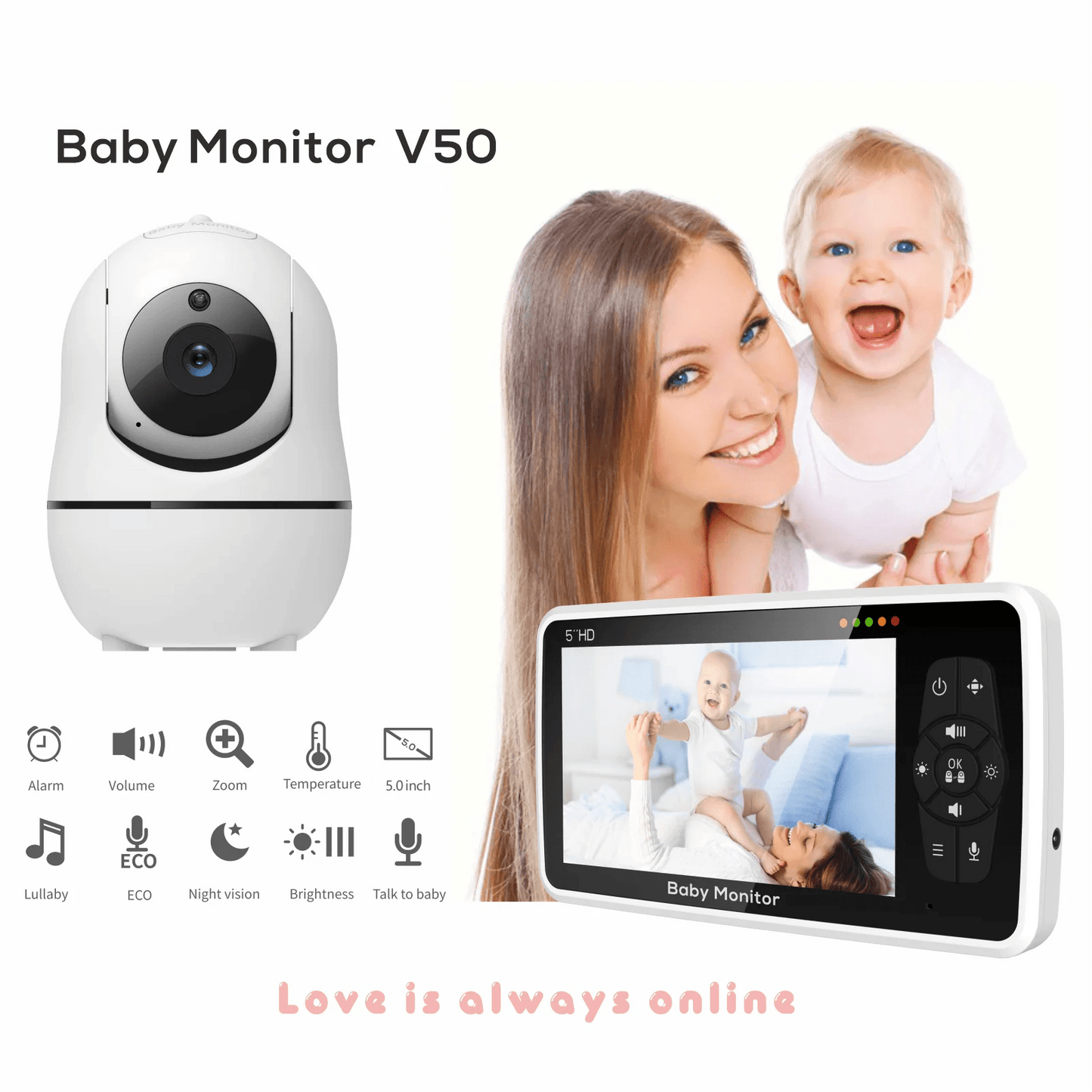 Babyphone Vidéo 5 Pouces 2 Caméras – Zoom 4x, Portée 300m, Capteur Température & Berceuses | EU/UK/US/AU