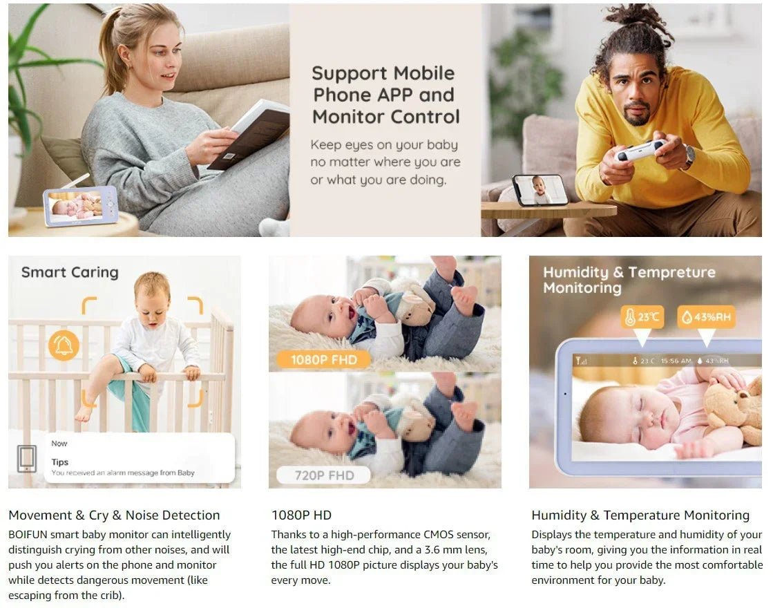 Babyphone Vidéo 5 Pouces WiFi – Contrôle APP & Écran, Zoom 3x PTZ, Vision Nocturne | VB803 PRO