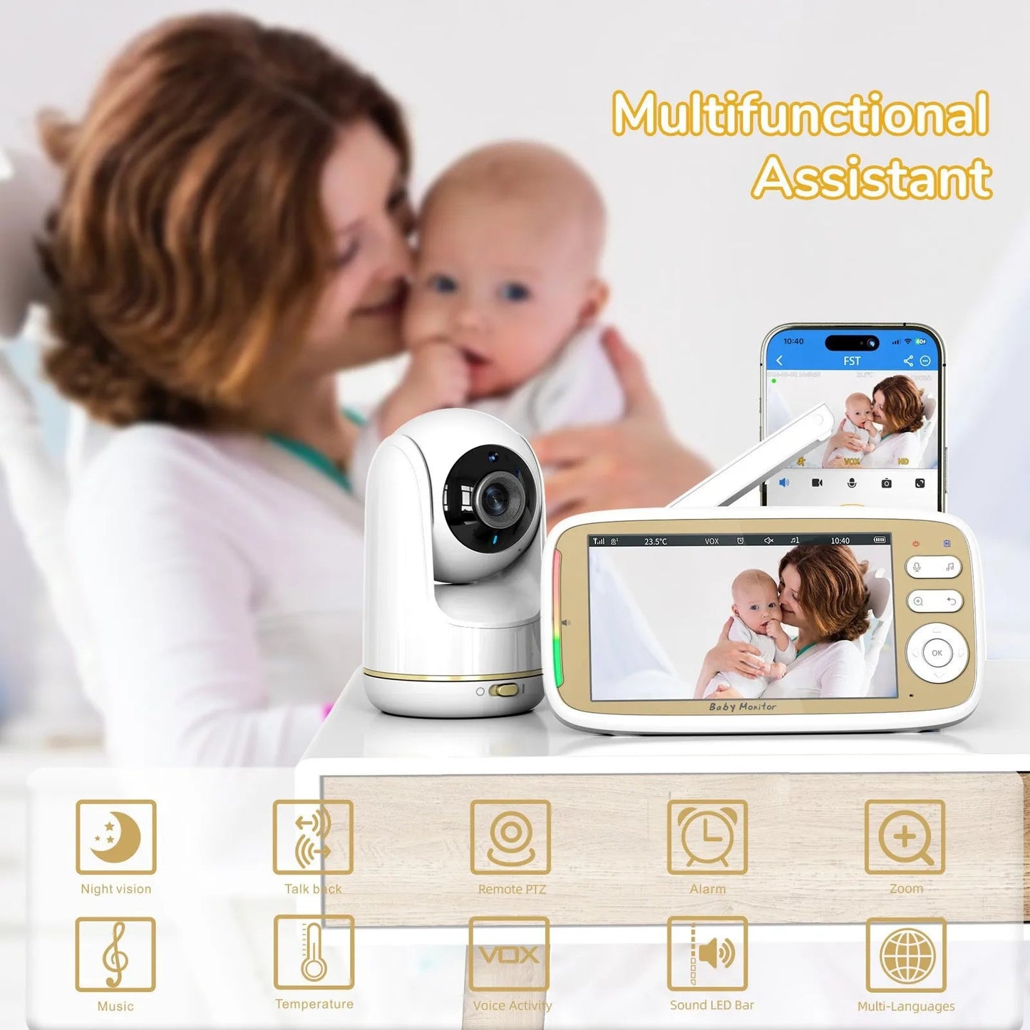 Babyphone Vidéo 5 Pouces WiFi – Contrôle APP & Écran, Zoom 3x PTZ, Vision Nocturne | VB803 PRO