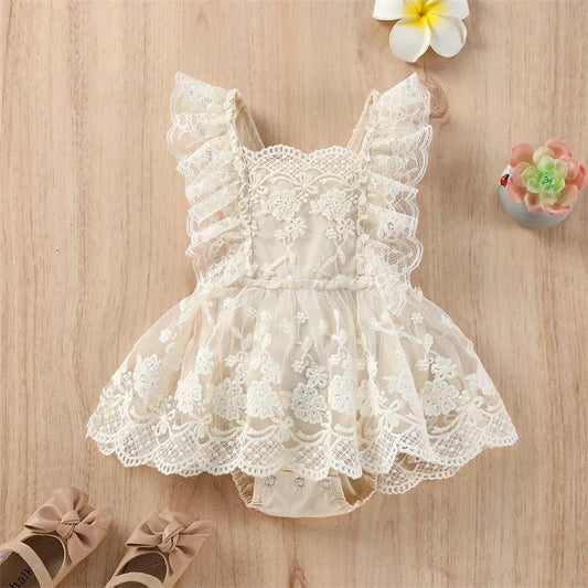 Barboteuse d’Été Bébé Fille – Romper en Dentelle à Volants Sans Manches avec Jupe Tutu (0 à 24 Mois)