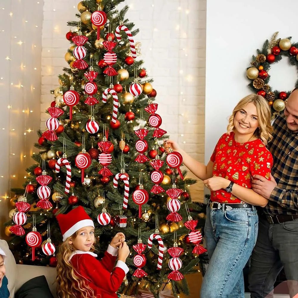 Canne de Bonbon & Pomme de Pin Rouge Or – Décoration Sapin Noël 2025 Tendance, Ornement Suspendu