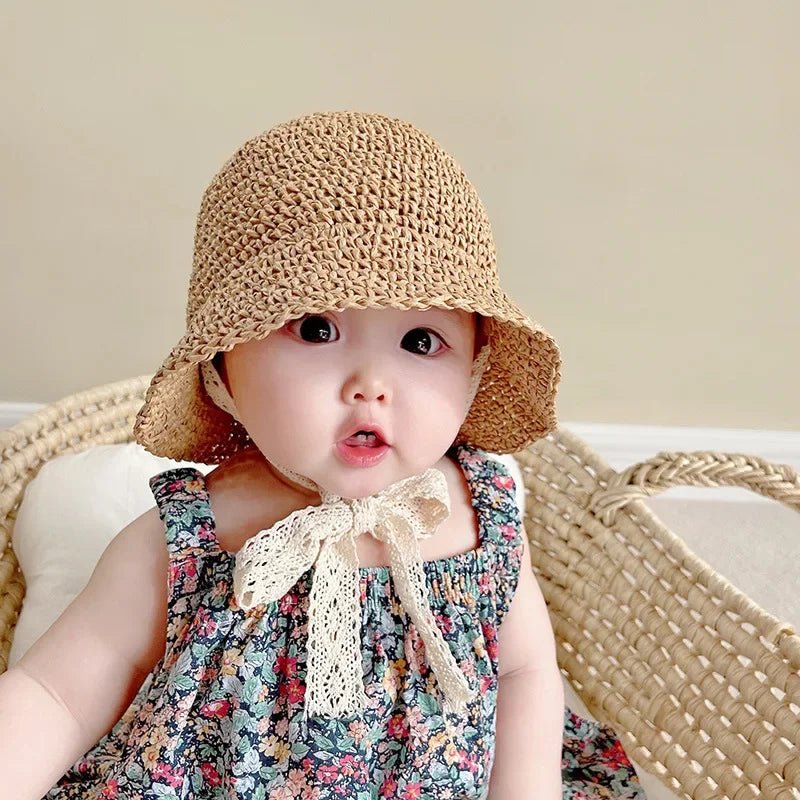 Chapeau d’été bébé fille – Paille, dentelle & nœud | Protection solaire