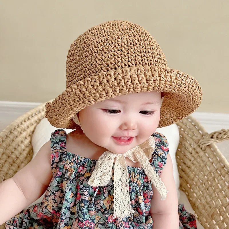 Chapeau d’été bébé fille – Paille, dentelle & nœud | Protection solaire