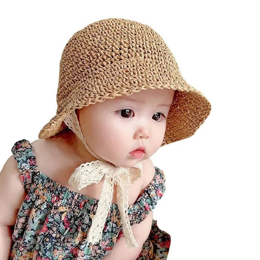 Chapeau d’été bébé fille – Paille, dentelle & nœud | Protection solaire