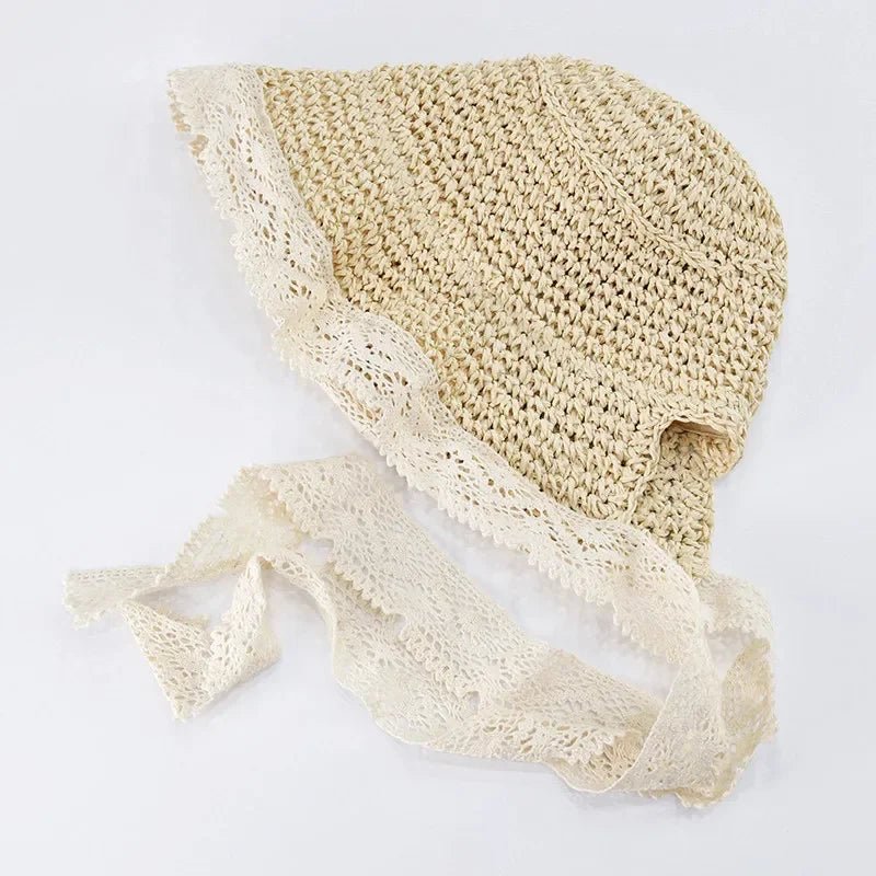 Chapeau d’été bébé fille – Paille, dentelle & nœud | Protection solaire