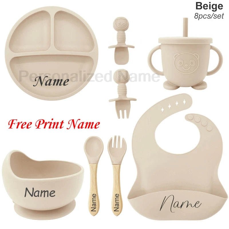 Coffret Repas Bébé Silicone Personnalisé Prénom – Set 8 Pièces Assiette Ventouse Bol Tasse Couverts Sans BPA Cadeau Naissance
