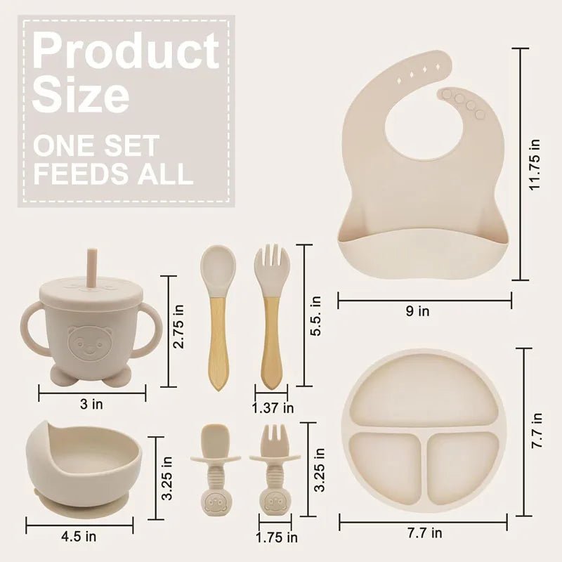 Coffret Repas Bébé Silicone Personnalisé Prénom – Set 8 Pièces Assiette Ventouse Bol Tasse Couverts Sans BPA Cadeau Naissance