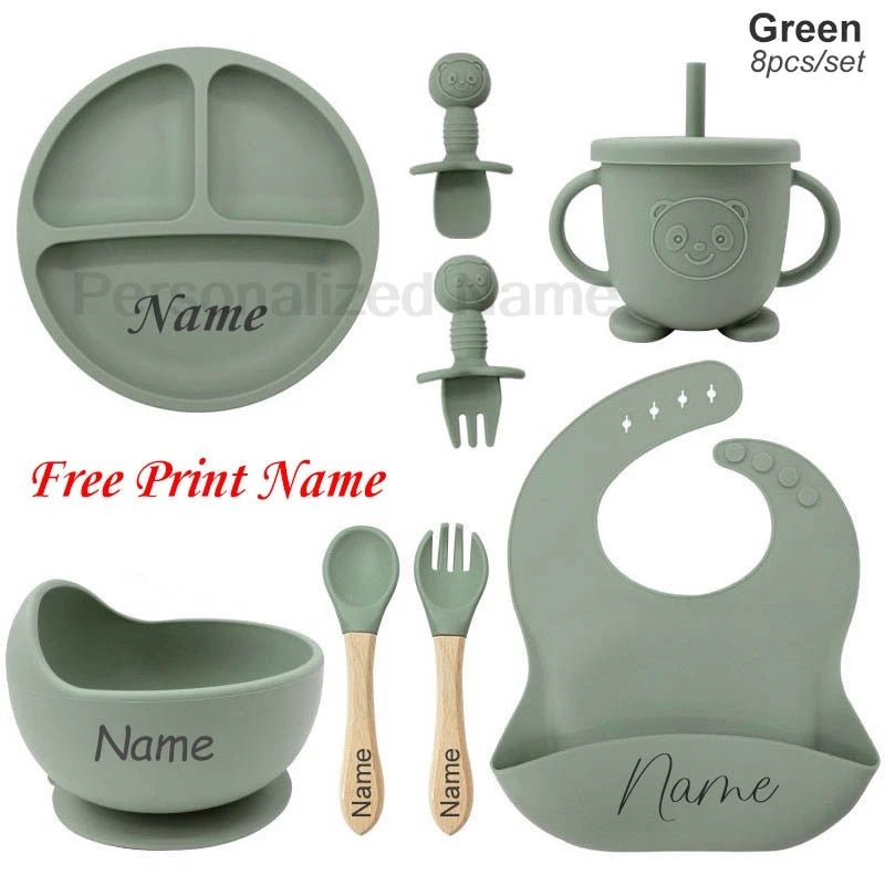 Coffret Repas Bébé Silicone Personnalisé Prénom – Set 8 Pièces Assiette Ventouse Bol Tasse Couverts Sans BPA Cadeau Naissance