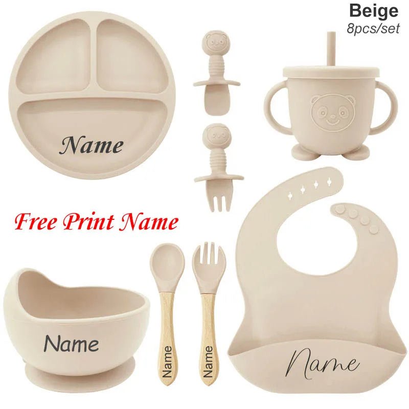 Coffret Repas Bébé Silicone Personnalisé Prénom – Set 8 Pièces Assiette Ventouse Bol Tasse Couverts Sans BPA Cadeau Naissance