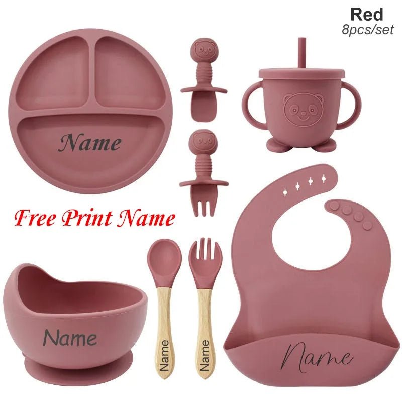 Coffret Repas Bébé Silicone Personnalisé Prénom – Set 8 Pièces Assiette Ventouse Bol Tasse Couverts Sans BPA Cadeau Naissance