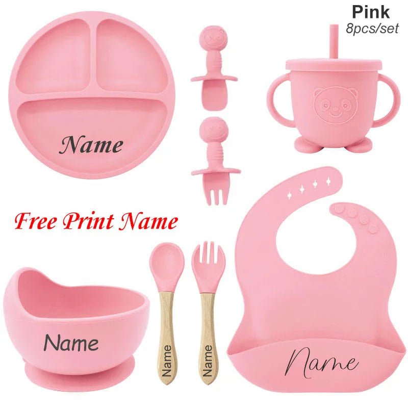 Coffret Repas Bébé Silicone Personnalisé Prénom – Set 8 Pièces Assiette Ventouse Bol Tasse Couverts Sans BPA Cadeau Naissance