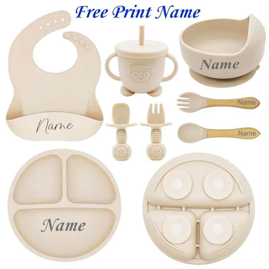 Personalized Silicone Baby Feeding Set with Name – 8-Piece Set Suction Plate Bowl Cup Cutlery BPA-Free Baby Shower Gift
