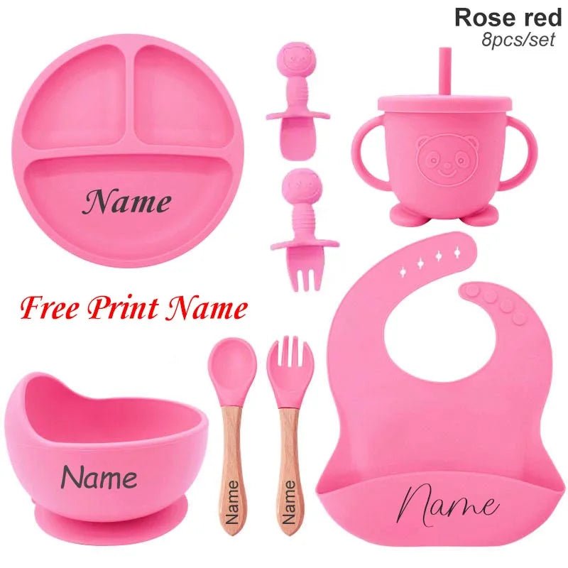 Coffret Repas Bébé Silicone Personnalisé Prénom – Set 8 Pièces Assiette Ventouse Bol Tasse Couverts Sans BPA Cadeau Naissance