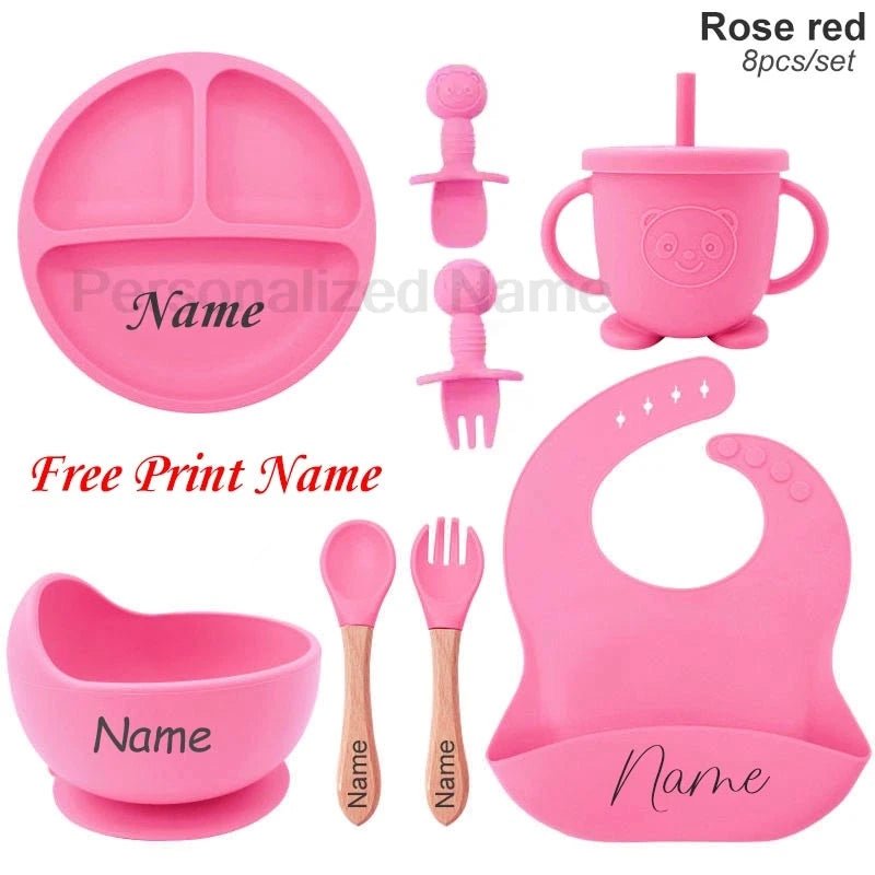 Coffret Repas Bébé Silicone Personnalisé Prénom – Set 8 Pièces Assiette Ventouse Bol Tasse Couverts Sans BPA Cadeau Naissance